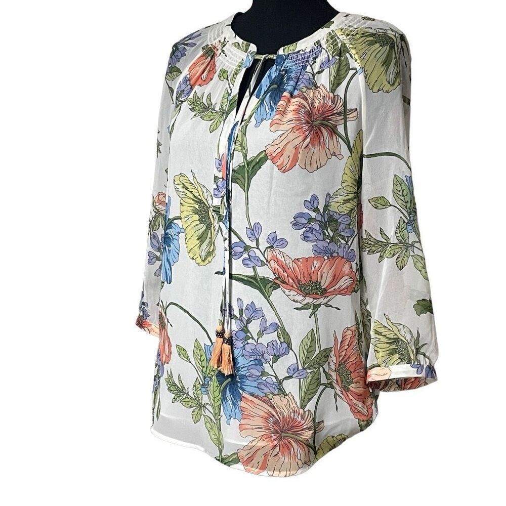 Daniel Rainn Semi-Sheer White Floral Notch Neck Top N0476